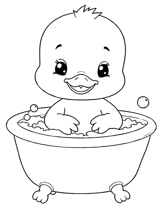 Baby duck bathing in a tub coloring page